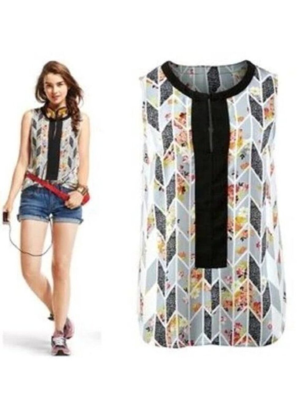 Cabi #249 Grosgrain Floral Geometric Print Sleeveless Blouse Small